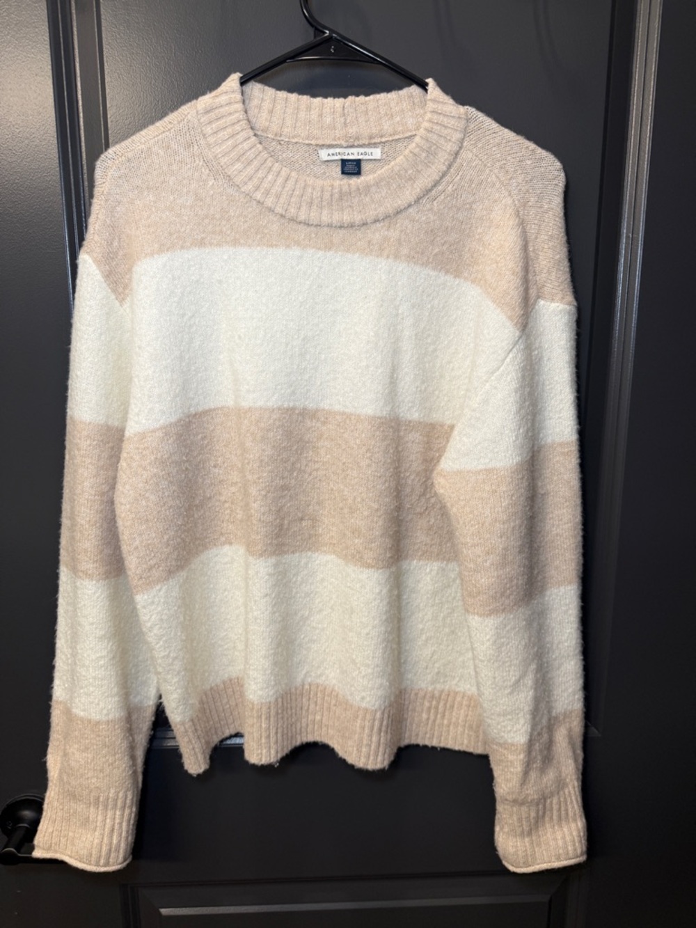 American Eagle Outfitters Striped Crewneck Sweater Tan Cream
